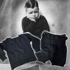 Vintage 1940s–50s Hand Knit Baby Toddler Outfit – Black Chunky Wool Knit Sweater